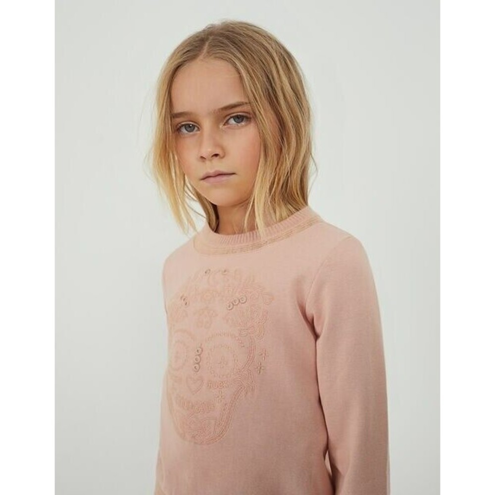 NWT Ikks Girls Skull Long Sleeve Embroidered Pullover Sweatshirt Rose Pink Sz 8